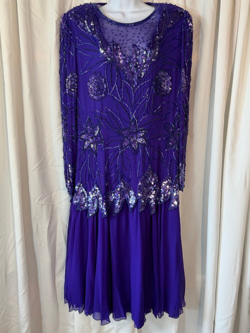 Vintage Black Tie Silk Beaded Purple Evening Dress Gown Size 14
